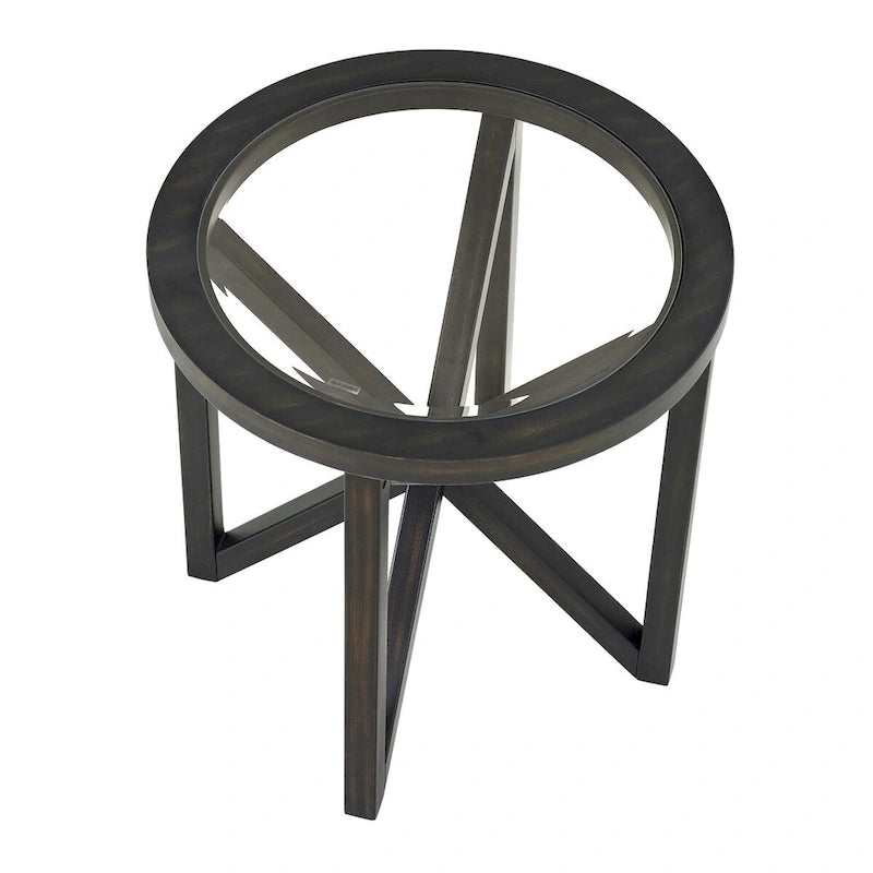 Table Basse Ronde en Verre Trempé Noir — Piétement Trépied en Bois Massif