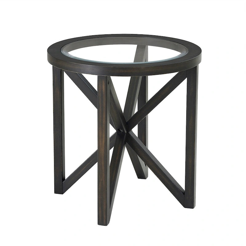 Table Basse Ronde en Verre Trempé Noir — Piétement Trépied en Bois Massif