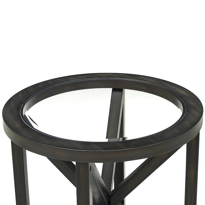 Table Basse Ronde en Verre Trempé Noir — Piétement Trépied en Bois Massif