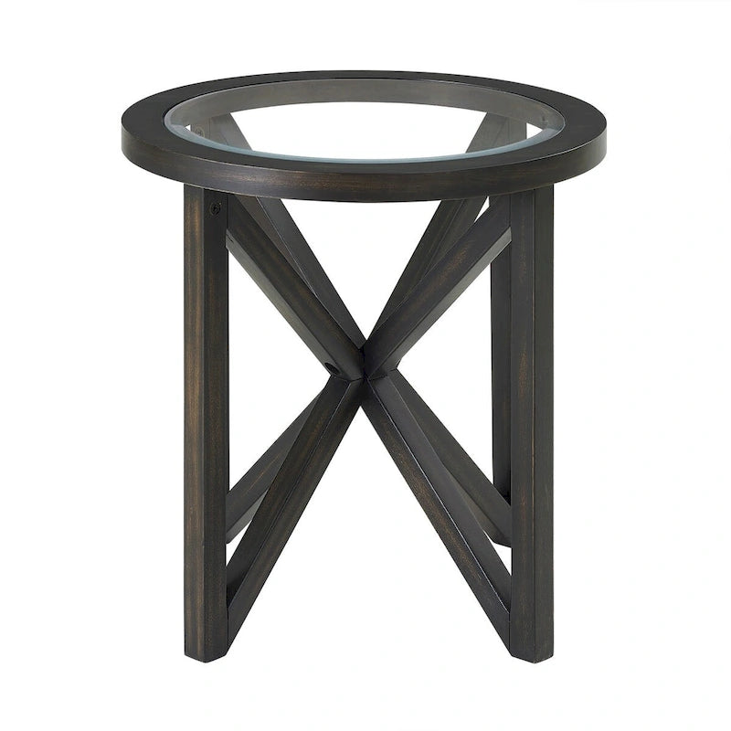 Table Basse Ronde en Verre Trempé Noir — Piétement Trépied en Bois Massif
