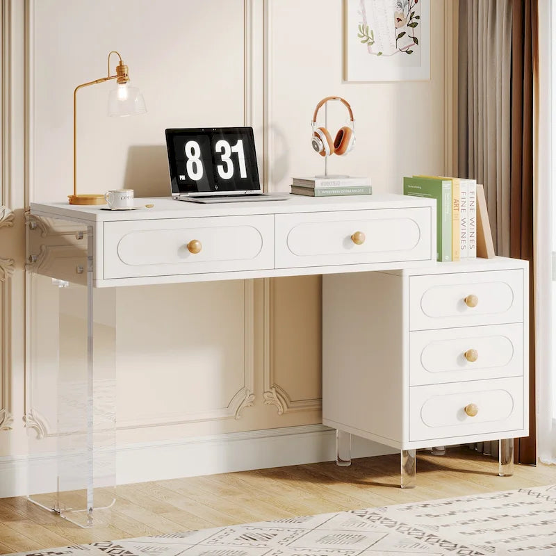 Bureau blanc à 5 tiroirs avec pieds en acrylique, simple