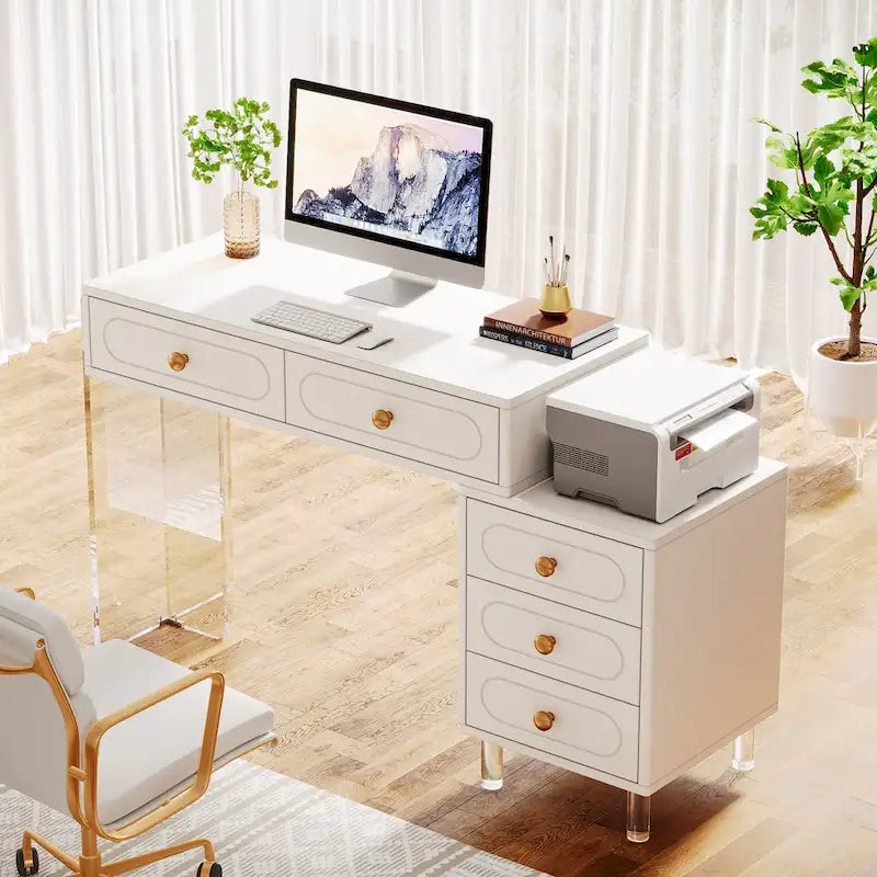 Bureau blanc à 5 tiroirs avec pieds en acrylique, simple