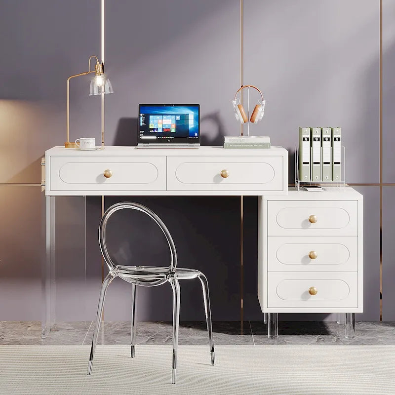 Bureau blanc à 5 tiroirs avec pieds en acrylique, simple
