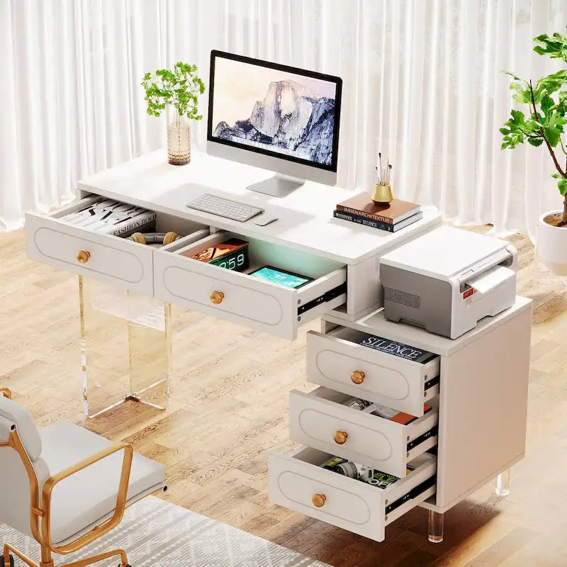 Bureau blanc à 5 tiroirs avec pieds en acrylique, simple