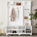 Porte-manteau/Vestiaire blanc/noir avec banc à chaussures, porte-manteau, étagères et panneau perforé — 1-2 personnes