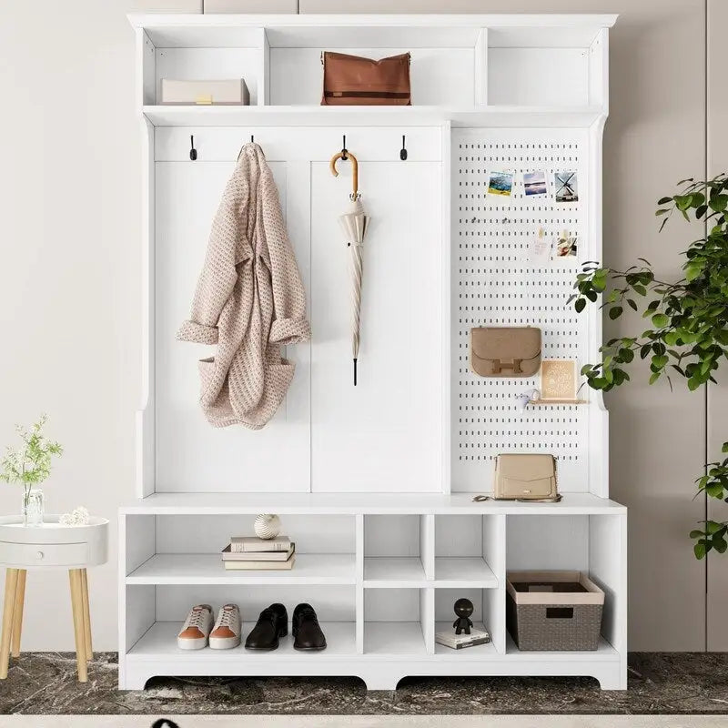 Porte-manteau/Vestiaire blanc/noir avec banc à chaussures, porte-manteau, étagères et panneau perforé — 1-2 personnes