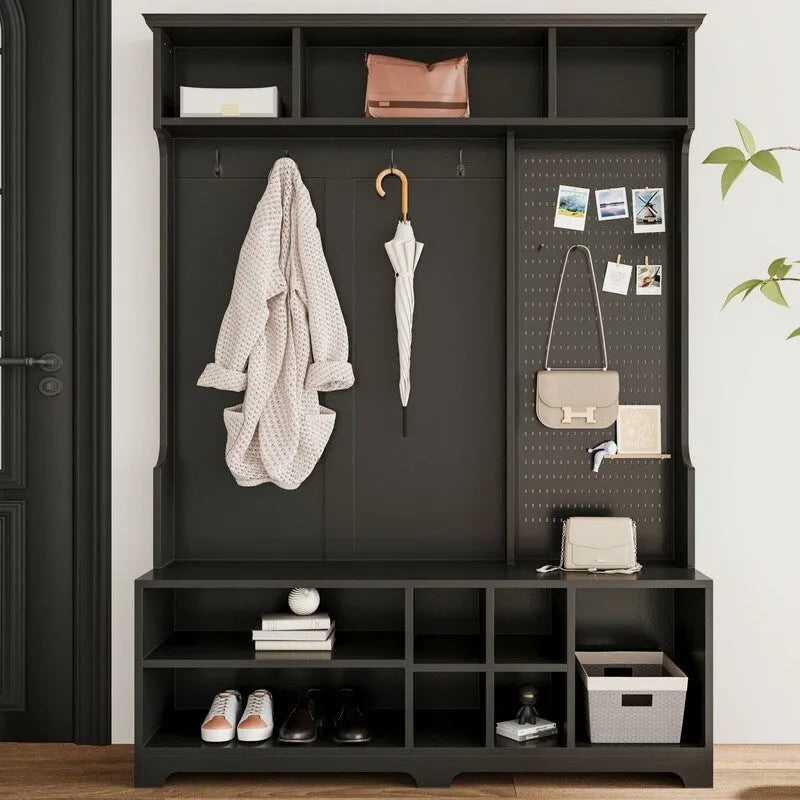 Porte-manteau/Vestiaire blanc/noir avec banc à chaussures, porte-manteau, étagères et panneau perforé — 1-2 personnes