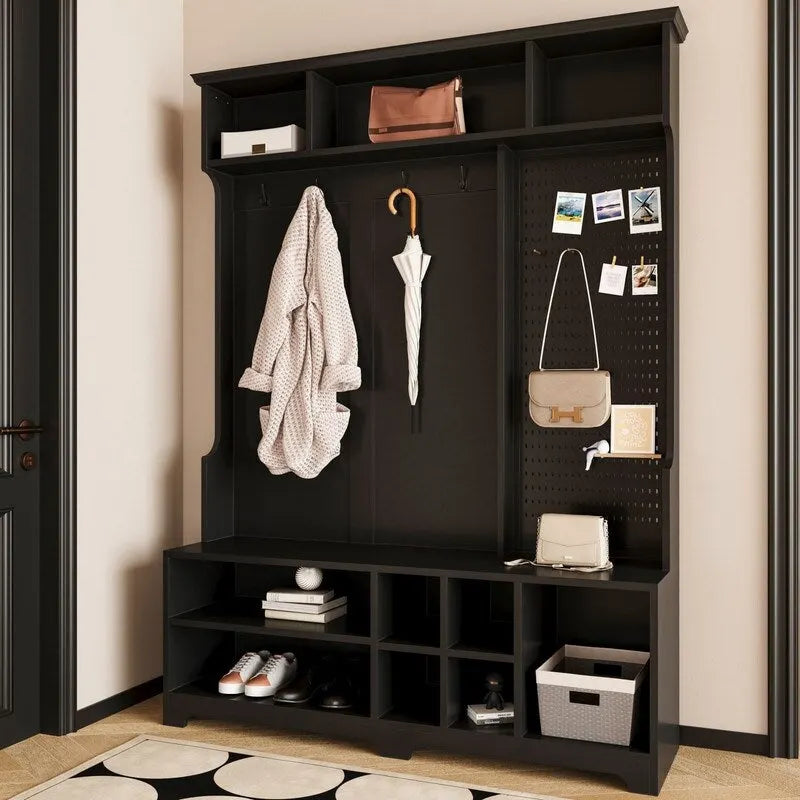 Porte-manteau/Vestiaire blanc/noir avec banc à chaussures, porte-manteau, étagères et panneau perforé — 1-2 personnes