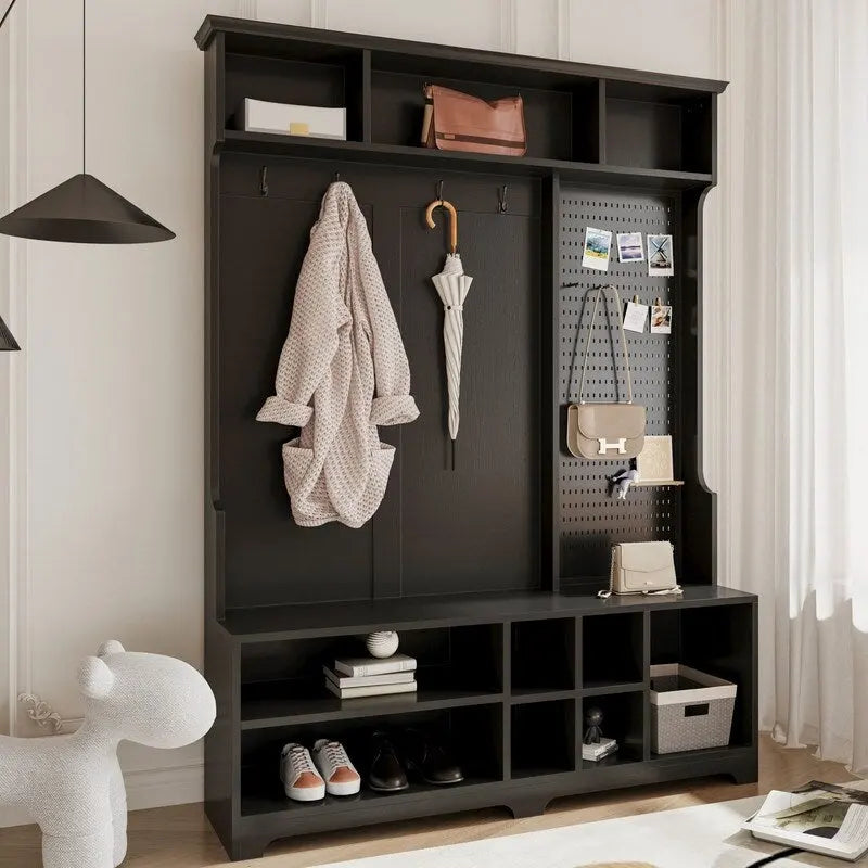 Porte-manteau/Vestiaire blanc/noir avec banc à chaussures, porte-manteau, étagères et panneau perforé — 1-2 personnes