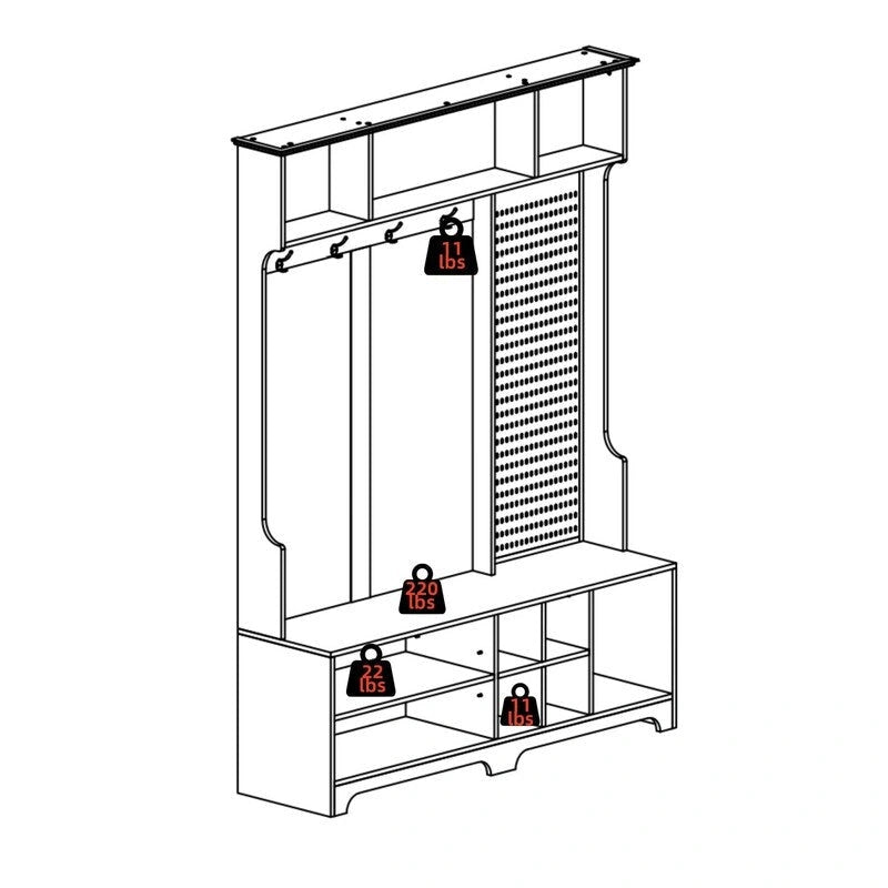 Porte-manteau/Vestiaire blanc/noir avec banc à chaussures, porte-manteau, étagères et panneau perforé — 1-2 personnes