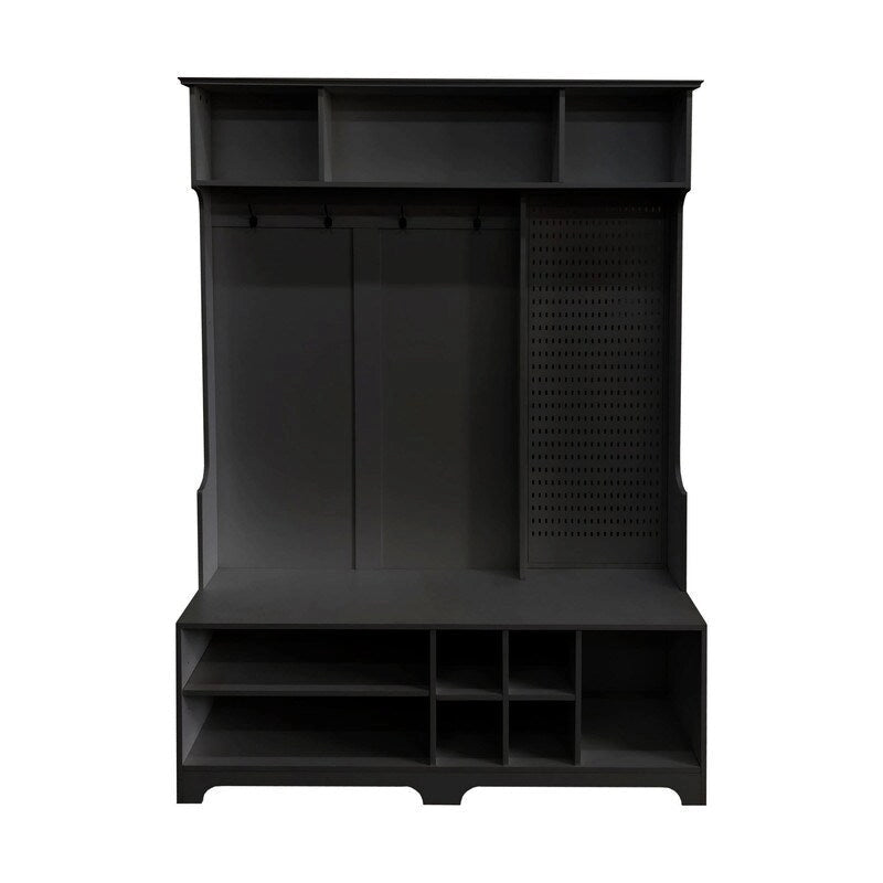 Porte-manteau/Vestiaire blanc/noir avec banc à chaussures, porte-manteau, étagères et panneau perforé — 1-2 personnes