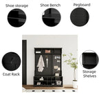 Porte-manteau/Vestiaire blanc/noir avec banc à chaussures, porte-manteau, étagères et panneau perforé — 1-2 personnes