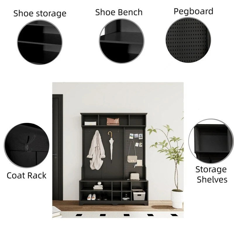 Porte-manteau/Vestiaire blanc/noir avec banc à chaussures, porte-manteau, étagères et panneau perforé — 1-2 personnes
