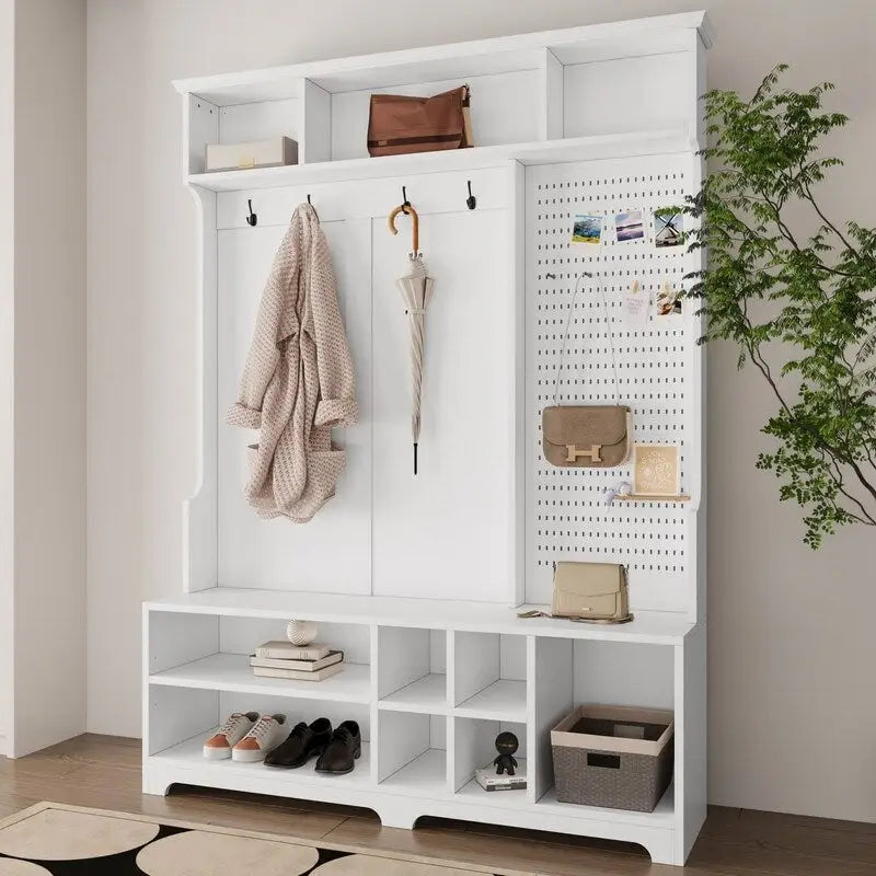 Porte-manteau/Vestiaire blanc/noir avec banc à chaussures, porte-manteau, étagères et panneau perforé — 1-2 personnes