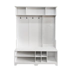 Porte-manteau/Vestiaire blanc/noir avec banc à chaussures, porte-manteau, étagères et panneau perforé — 1-2 personnes