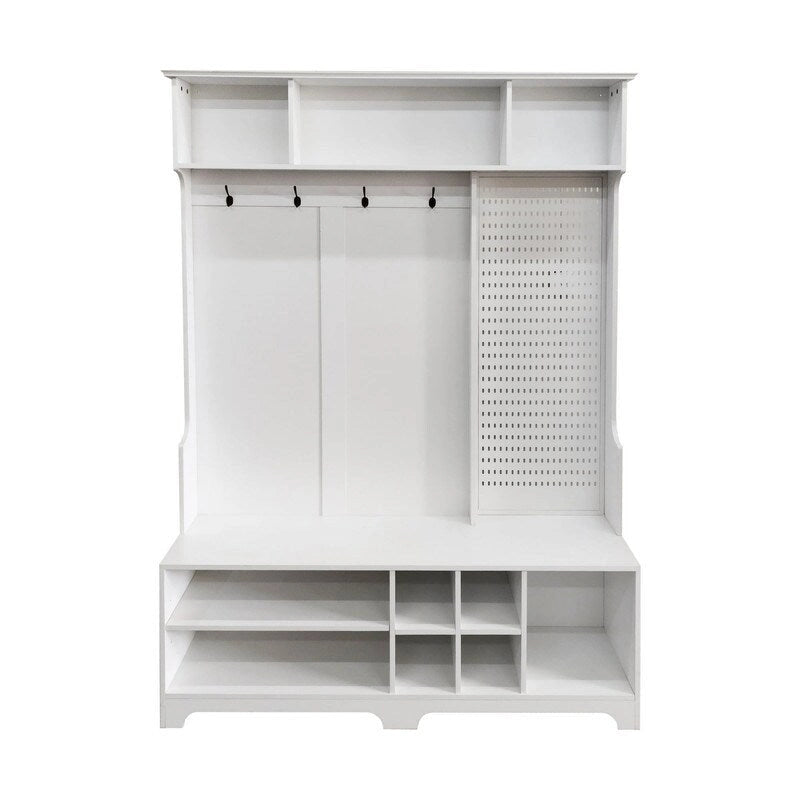 Porte-manteau/Vestiaire blanc/noir avec banc à chaussures, porte-manteau, étagères et panneau perforé — 1-2 personnes