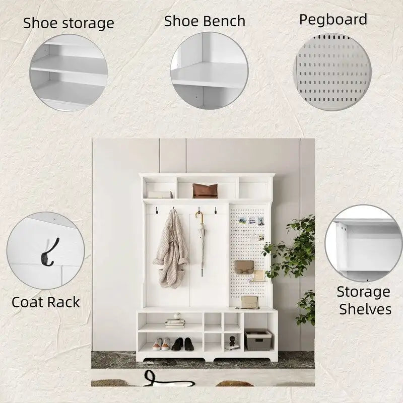 Porte-manteau/Vestiaire blanc/noir avec banc à chaussures, porte-manteau, étagères et panneau perforé — 1-2 personnes